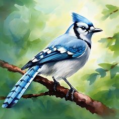 a painting of a blue jay perched on a branch