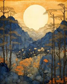 a painting of mountains and trees with the sun in the background