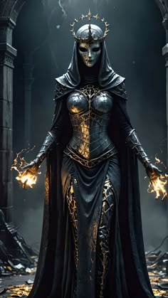 a woman dressed in black and gold with flames coming out of her chest, wearing a costume