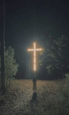 a person standing in the middle of a forest at night with a cross on it