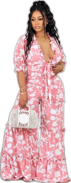 Feminine V-neck Jumpsuits And Rompers, V-neck Ruffled Jumpsuits And Rompers For Spring, Trendy Pink Jumpsuits And Rompers For Brunch, Pink Flirty Jumpsuits And Rompers For Brunch, Summer Puff Sleeve Jumpsuits And Rompers For Brunch, Feminine Spring Vacation Jumpsuits And Rompers, Spring Vacation Feminine Jumpsuits And Rompers, Chic High Waist Jumpsuits And Rompers For Spring, Flirty Pink Jumpsuit For Spring