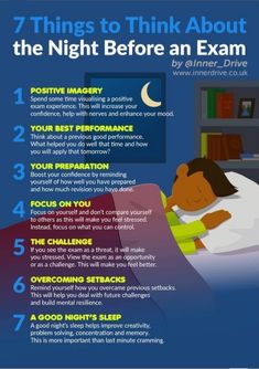 the 7 things to think about the night before an exam info sheet is in view