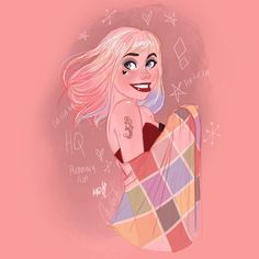 a drawing of a woman with pink hair and tattoos on her arm, holding a plaid blanket