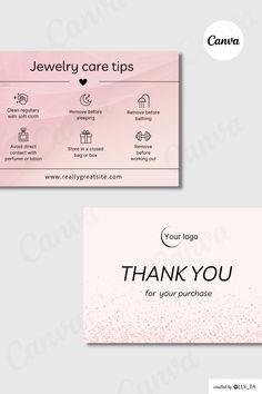 two business cards with the words jewelry care tips and thank you for your purchase on them