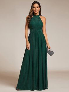 Halter Neck Pleated Glittery Formal Evening Dress with Empire Waist #color_Dark Green Pleated Party Dress, Goddess Gown, A Line Evening Dress, 파티 드레스, Prom Dresses Sleeveless, Formal Evening Dress, Ever Pretty, Sparkly Dress, Women Formals