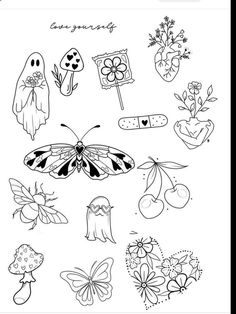 the coloring page is filled with images of flowers, butterflies and other things to draw