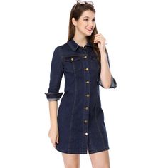 Enliven your wardrobe with this cute denim shirt dress. This piece is cut to a flattering mini length and features a classic collar neckline and the front button placket. It creates a feminine silhouette and is finished with shiny buttons and contrast stitching. Pair it with canvas trainers for the perfect off-duty ensemble. Occasion: holiday, weekend gathering, daily wear, etc. Shirt Dress Mini, Button Down Denim Dress, Feminine Silhouette, Denim Shirt Dress, Sleeve Women, Holiday Weekend, Mid Dresses, Dress Mini, Mini Shift Dress