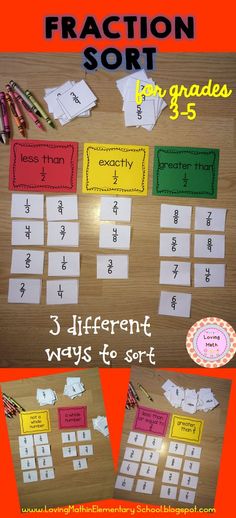 three different ways to sort fraction numbers with the words fraction and 3 - 5 on them