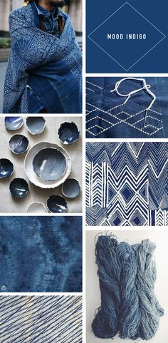 a collage of blue and white images with the words mood indigo written in it