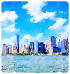 watercolor painting of the skyline of new york city from across the river with clouds in the sky