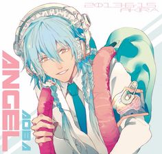 an anime character with blue hair holding a snowboard in his hands and wearing headphones