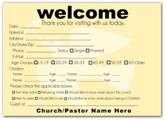 a church pastor's welcome card with the words, please you for visiting us today