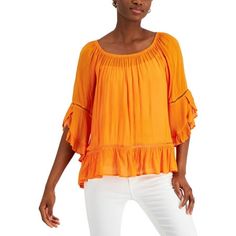 Manufacturer: Fever Style Type: Blouse Collection: Fever Sleeve Length: Butterfly Sleeves Material: 100% Rayon Fabric Type: Rayon Specialty: Eyelet Sku: BH5816989 Size: XS.  Color: Orange.  Gender: female.  Age Group: adult. Eyelet Shirt, Eyelet Blouse, Tunic Tops Casual, Women's Button Down Shirt, Casual Tunics, Butterfly Sleeve, Stylish Top, Blouse Material, Butterfly Sleeves