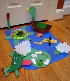 the floor is covered with paper cut out animals and water lilies, while two ducks stand on top of it