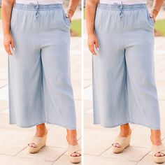 Float through the season in style while wearing these pants! Designed with a flowy fit, functional pockets, and an elastic waistband for ultimate comfort, these pants will carry you through any casual occasion! Versatile and chic, these pants pair perfectly with any top and accessories for a polished classic look! Self - 100% Tencel Light Denim, The Wind, Classic Looks, In Style, Carry On, Float, Elastic, Pants, How To Wear