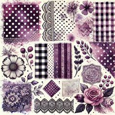 purple and white paper with flowers, laces, and polka dots on it's edges