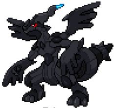 an image of a pixel art style pokemon character with red eyes and black tail, standing in