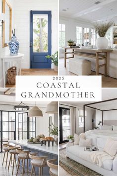 the interior of a coastal style home with white walls and wood flooring, blue door,