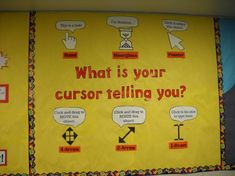 a bulletin board with different types of writing on it and an arrow pointing to the right