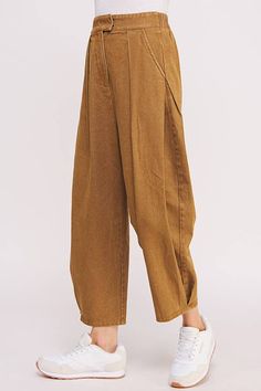 the design: high waisted pleated baggy trousers the colors: mocha about: ankle length side hip pockets elastic waistband in back hook & eye and zipper closure 90% cotton, 10% viscose model fit: Kathryn is wearing a medium. Other model wearing a small. Drop Crotch Pants Women, Linen Summer, Baggy Trousers, Special Clothes, Costume Outfits, Fashion Seasons, Hook Eye, Apparel Design