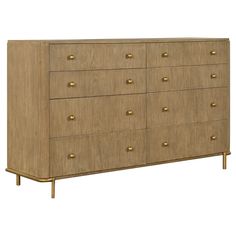 a large wooden dresser with brass handles and knobs on the bottom, against a white background