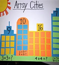 a child's hand holding up a poster with numbers and city buildings on it