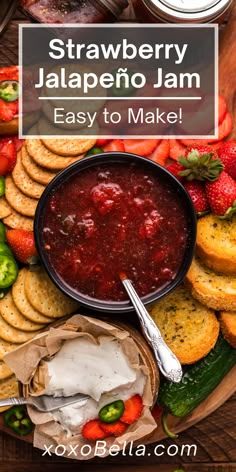 strawberry jalapeno jam on a platter with crackers