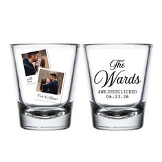 two shot glasses with the words, the wardds and their pictures on them are shown