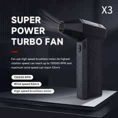 an advertisement for the new super power turbo fan, which is available in black and white