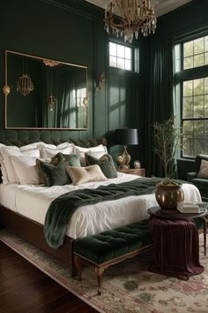 a large bed sitting in a bedroom next to a window with green drapes on it