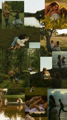 a collage of people sitting on the grass next to water and trees with one person laying down