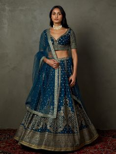 Ri.Ritu Kumar-Midnight Blue Ashvika Lehenga Set-INDIASPOPUP.COM Midnight Blue Lehenga, Royal Blue Lehenga, Embroidered Bridal Lehenga, Leaf Sleeve, Kurta Lehenga, Lehenga Pattern, Desi Outfits, Ritu Kumar, Padded Blouse