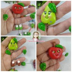 there are four pictures of different vegetables being held in their hands, including tomatoes and peppers