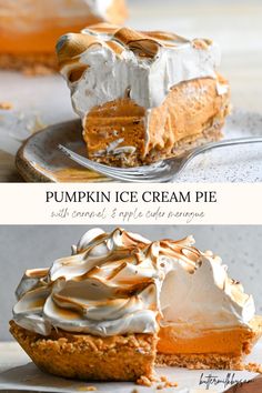 pumpkin ice cream pie with caramel and apple cider cinnamon crust is the perfect fall dessert