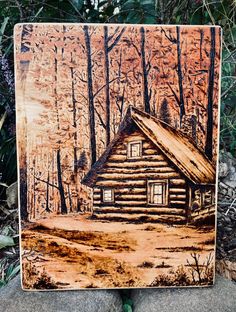 Original wood-burning / pyrography art of a cabin in the autumn woods. Sketched onto a white-pine board and then burned into it using pyrography tools. Stained and sealed with oil for protection and preservation. Litchenberg Wood Burning Art, Deer Pyrography, Diy Wood Burning Projects, Wood Burning Gifts, Wood Staining Techniques, Wood Burned Art, Wood Burned Gifts, Wood Burning Ideas, Pyrography Designs