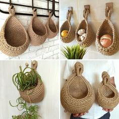 there are several baskets hanging on the wall with plants and eggs in them as well