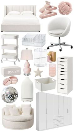 a collage of white furniture and accessories including a bed, dresser, chair, mirror, lamp, shoe rack, desk