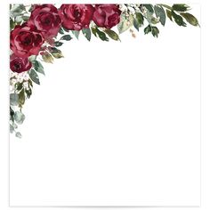 a white background with red roses and greenery on the edges, along with an empty space for text