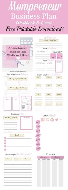 the free printable planner for mompree business plan is shown in pink and white