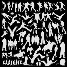 the silhouettes of people and animals in different poses