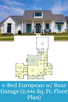 the floor plan for a 4 bedroom european house with an attached garage and large front porch