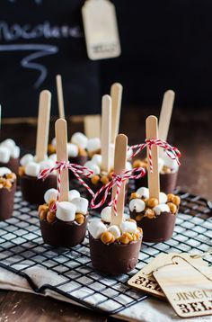 marshmallows are arranged in chocolate cups with wooden sticks sticking out of them