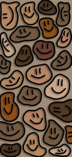 an image of many different colored faces on a white background with black and brown lines