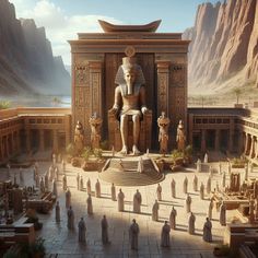 an egyptian temple with statues and people around it in the middle of a desert area