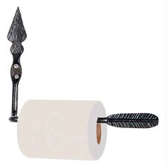 a pair of scissors and a roll of toilet paper on a white background with an arrow sticking out of it