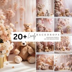 a collage of teddy bears and flowers with the words 20 + fluffy backdrops