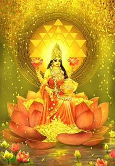 the goddess sitting on top of a lotus flower in front of a golden background with flowers