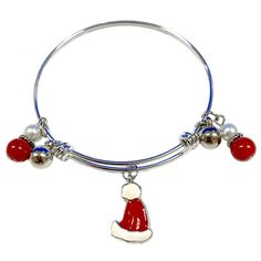 - Painted Christmas Santa Hat Charm.    - Beaded Pearl White, Red Glass Beads at sides.    - Silver Plated Copper Bangle is adjustable to fit small and medium size wrist.    - Lead safe. Red Santa Hat, Adjustable Bangle Bracelet, Christmas Bracelet, Christmas Gift For Her, Adjustable Bangle, Women Christmas, Gift For Girls, Bracelets For Women, Christmas Gifts For Her