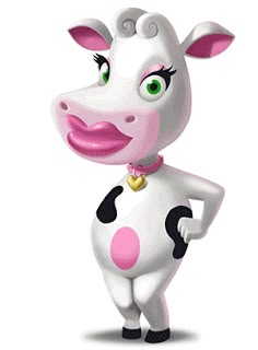 a cartoon cow with big eyes and a pink collar standing in front of a white background