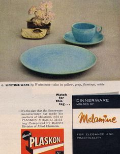 an advertisement for plaskon coffee and dinnerware from the 1950's,